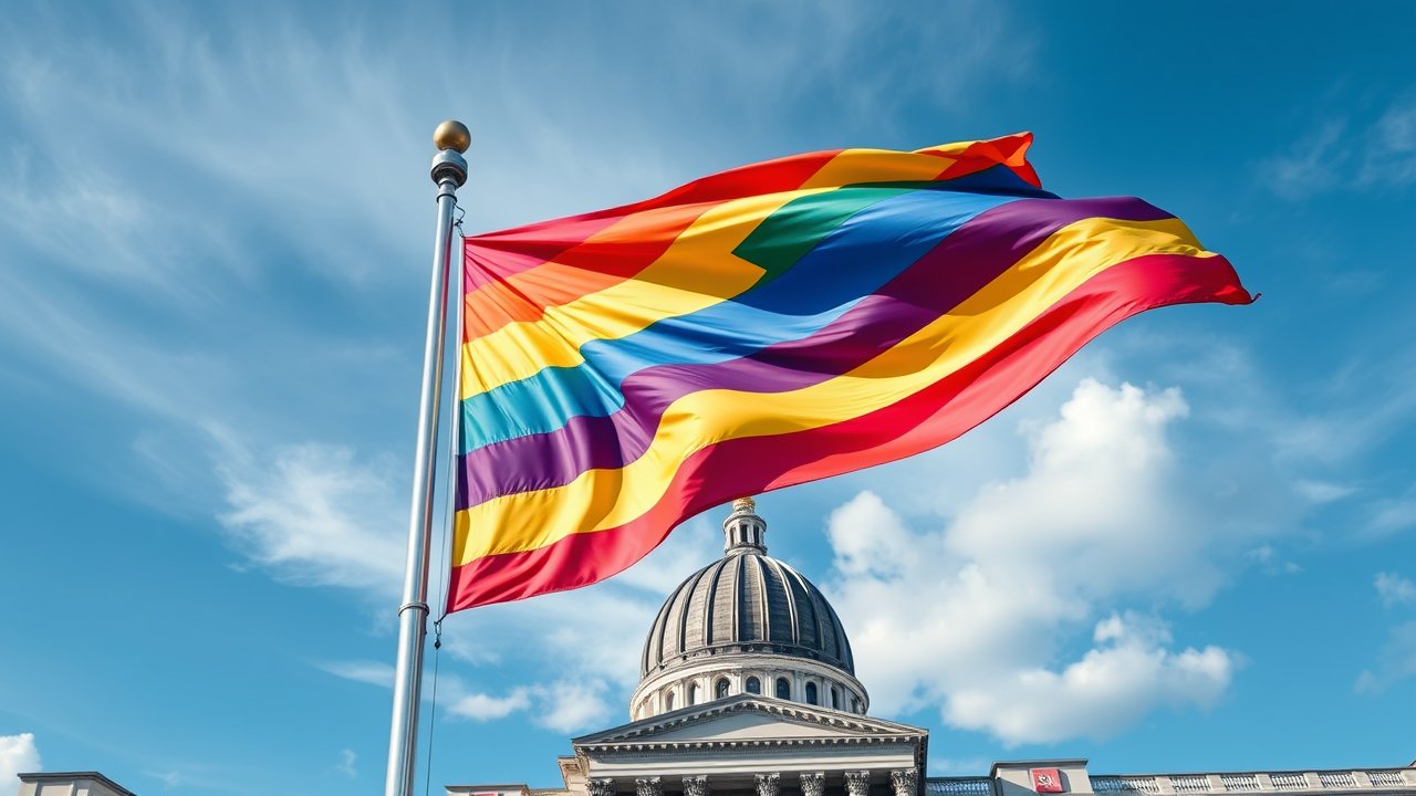 Flag of Pride 🏳️‍🌈 (Rainbow) in flagpole in capital style