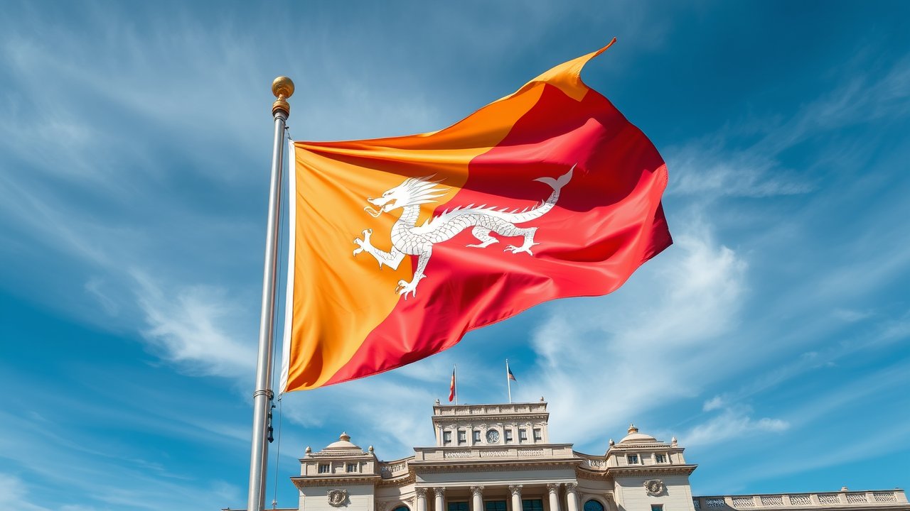 Flag of Bhutan 🇧🇹 in flagpole in capital style