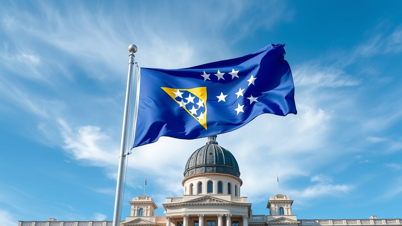 Flag of Bosnia and Herzegovina 🇧🇦 in flagpole in capital style