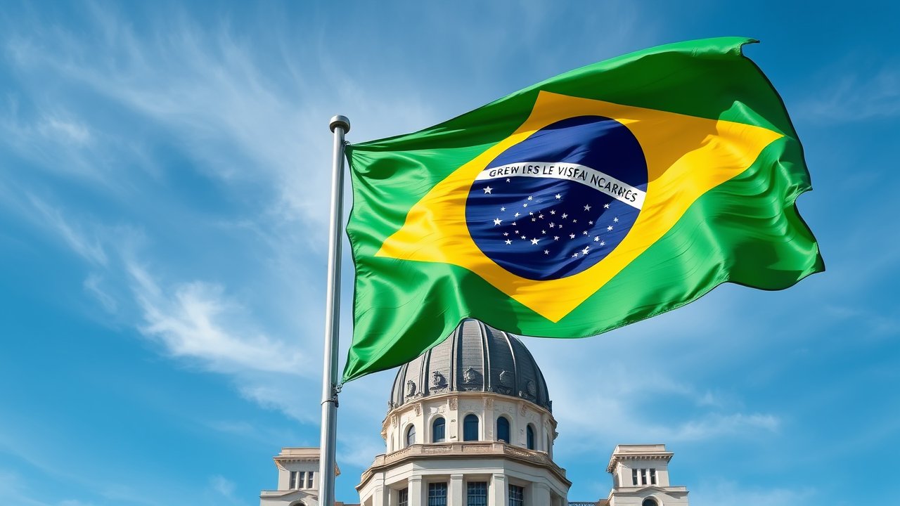 Flag of Brazil 🇧🇷 in flagpole in capital style