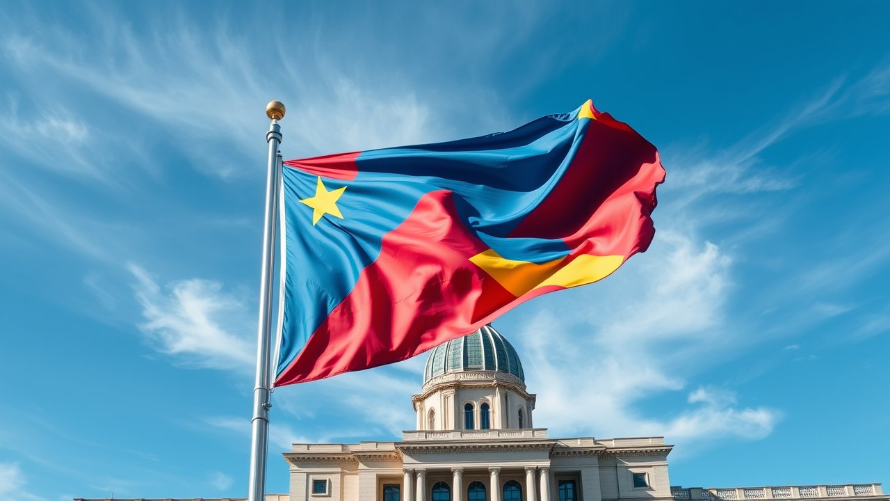 Flag of Democratic Republic of the Congo 🇨🇩 in flagpole in capital style