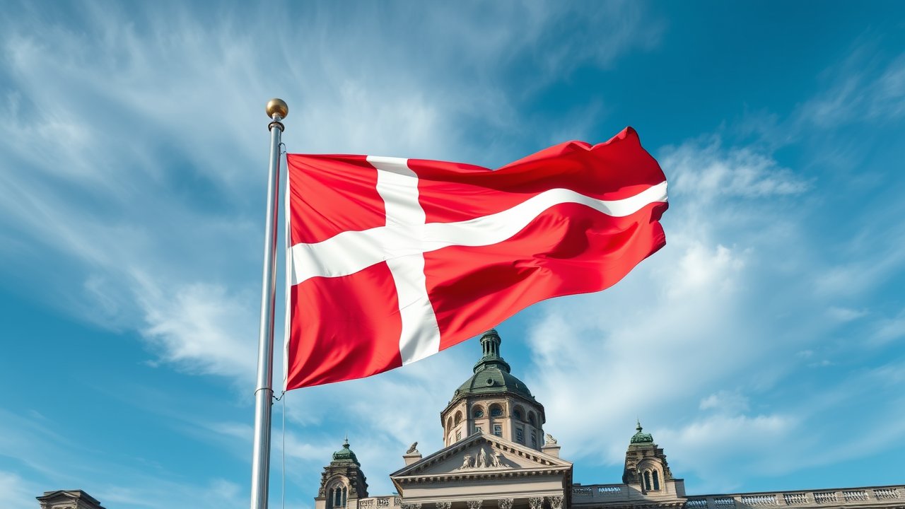 Flag of Denmark 🇩🇰 in flagpole in capital style
