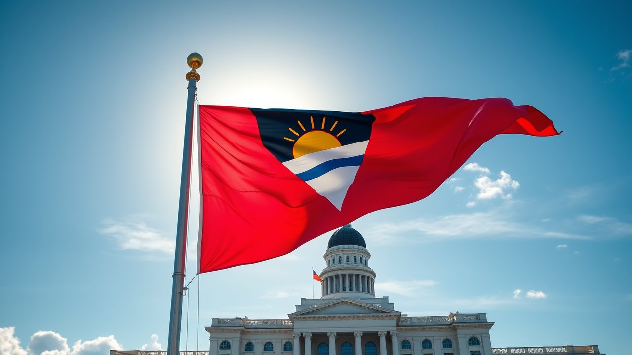 Flag of Antigua and Barbuda 🇦🇬 in flagpole in capital style