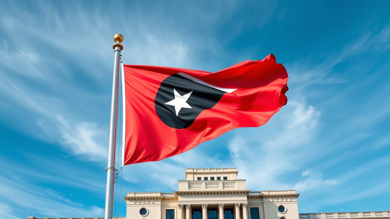 Flag of Timor Leste 🇹🇱 in flagpole in capital style
