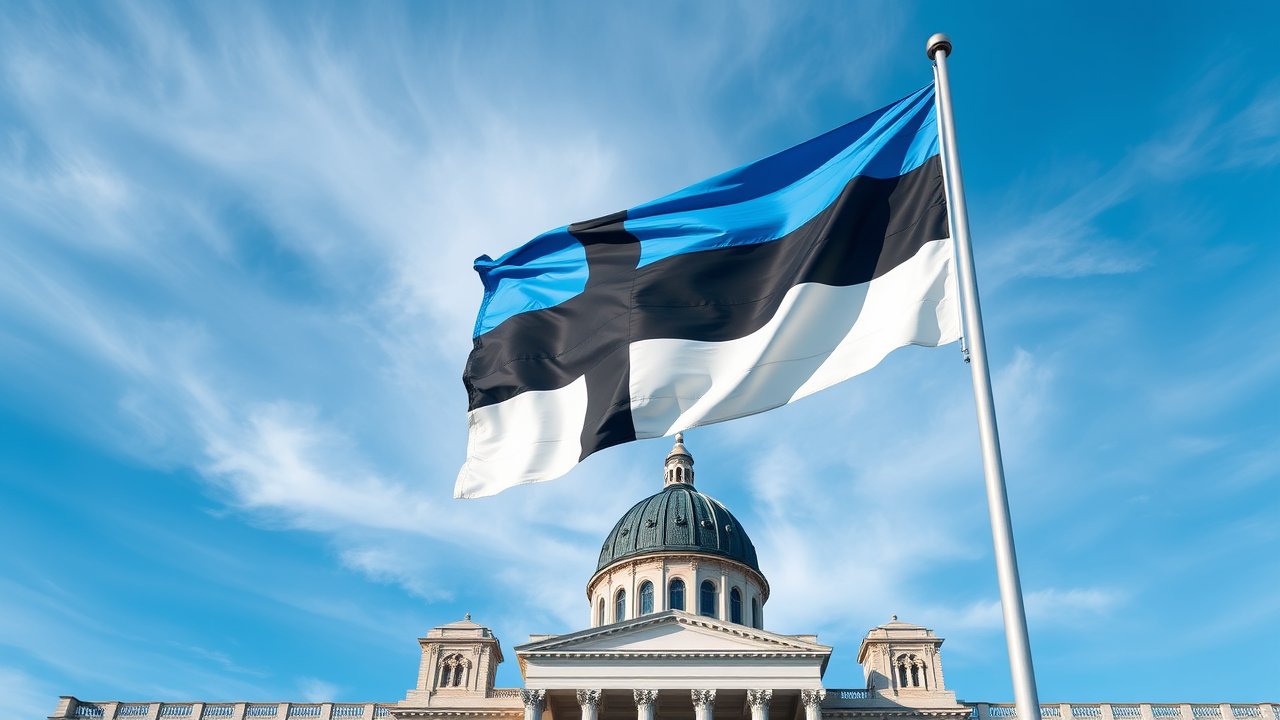 Flag of Estonia 🇪🇪 in flagpole in capital style