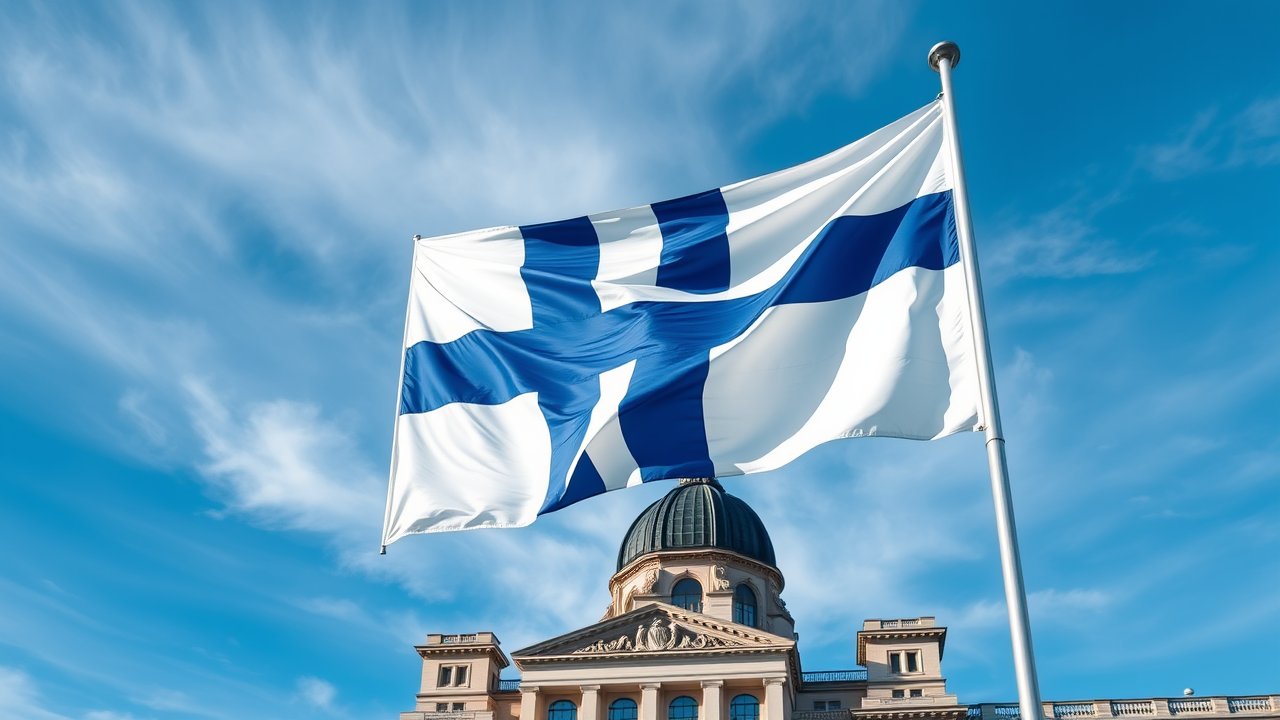 Flag of Finland 🇫🇮 in flagpole in capital style
