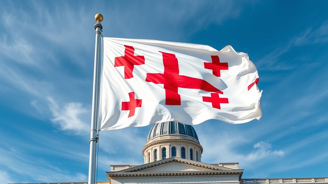 Flag of Georgia 🇬🇪 in flagpole in capital style