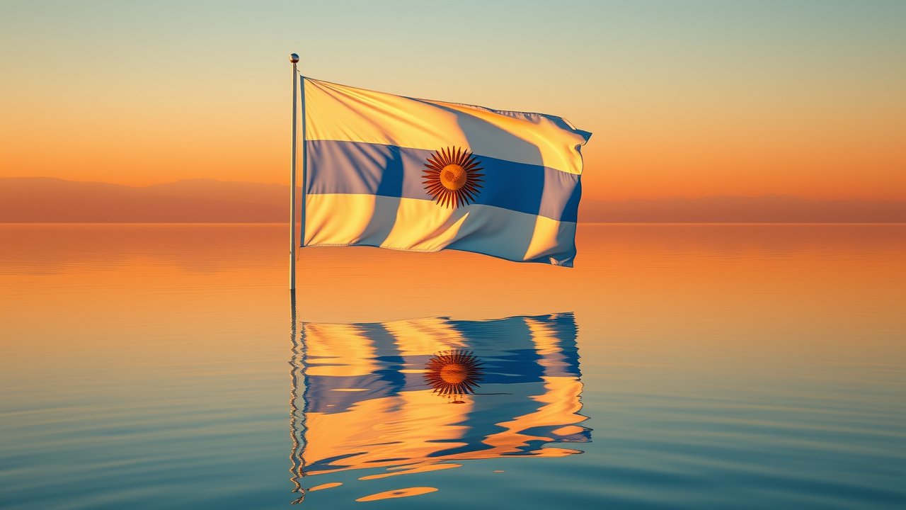 Flag of Argentina 🇦🇷 in golden hour reflection style