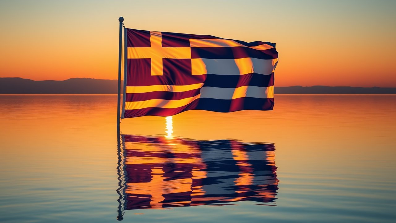 Flag of Greece 🇬🇷 in golden hour reflection style