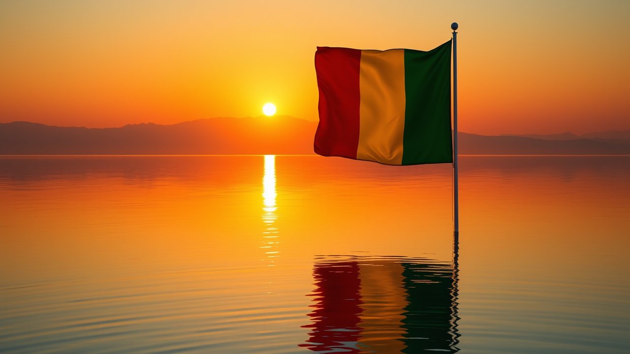Flag of Guinea 🇬🇳 in golden hour reflection style