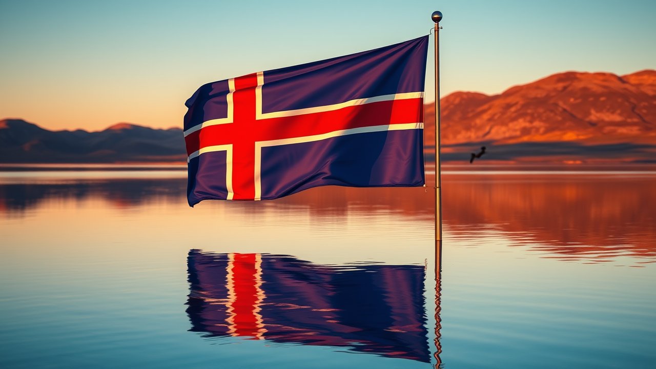Flag of Iceland 🇮🇸 in golden hour reflection style