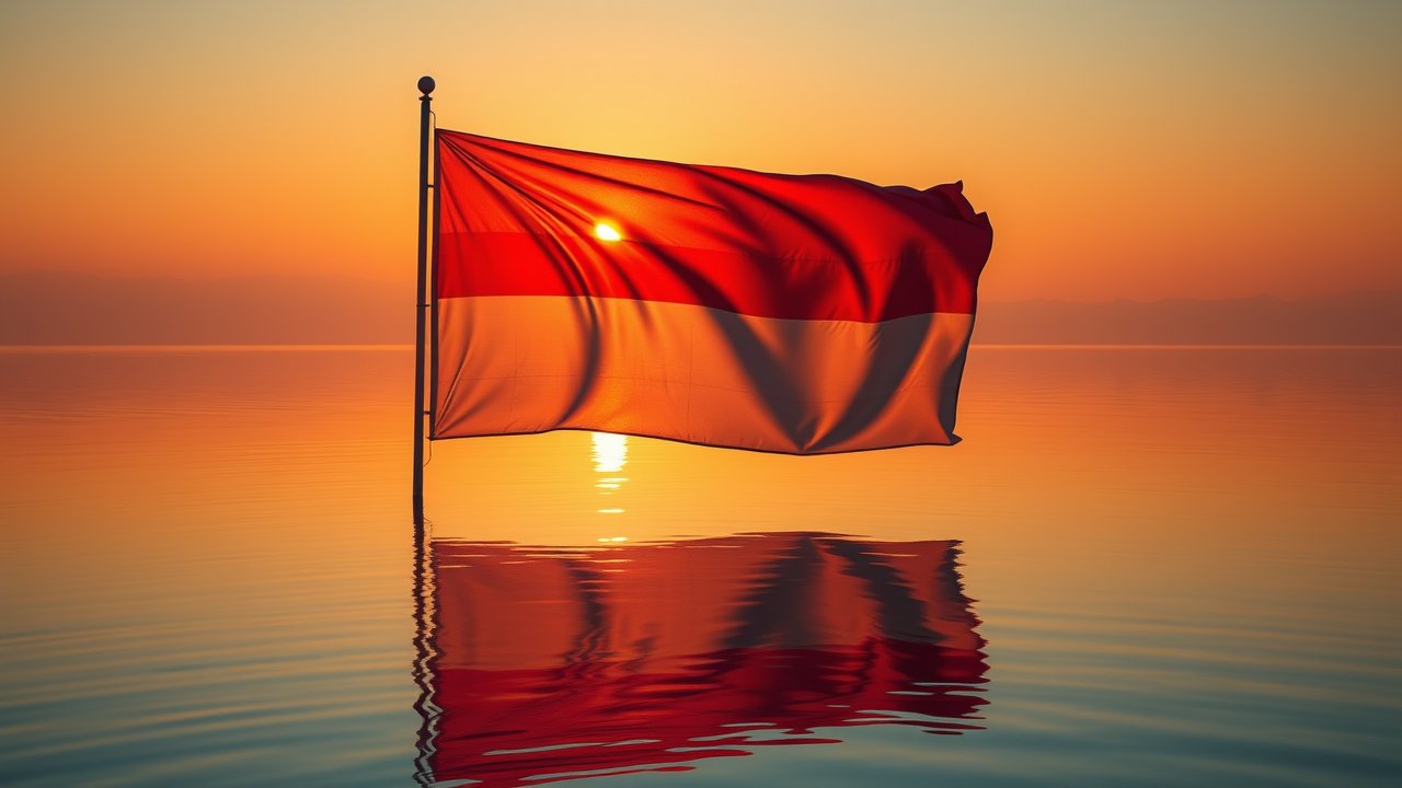 Flag of Indonesia 🇮🇩 in golden hour reflection style