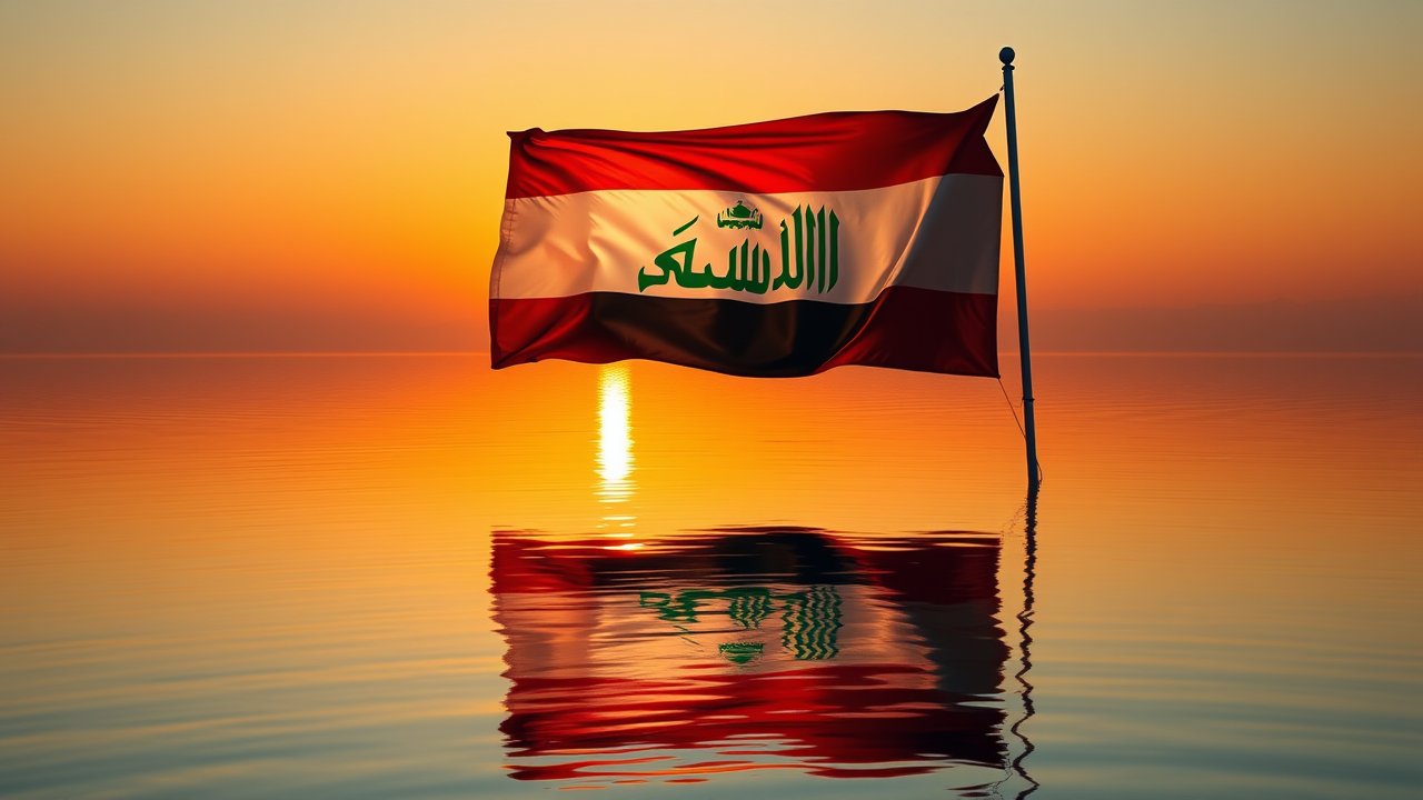 Flag of Iraq 🇮🇶 in golden hour reflection style