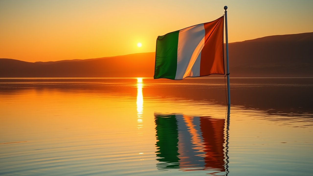 Flag of Ireland 🇮🇪 in golden hour reflection style