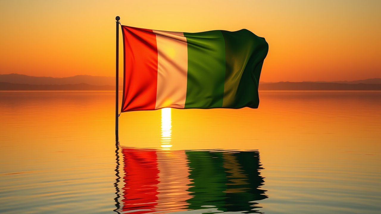 Flag of Côte d’Ivoire 🇨🇮 in golden hour reflection style