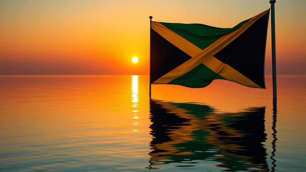 Flag of Jamaica 🇯🇲 in golden hour reflection style