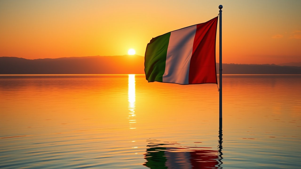 Flag of Italy ๐ฎ๐น (Italian) in golden hour reflection style
