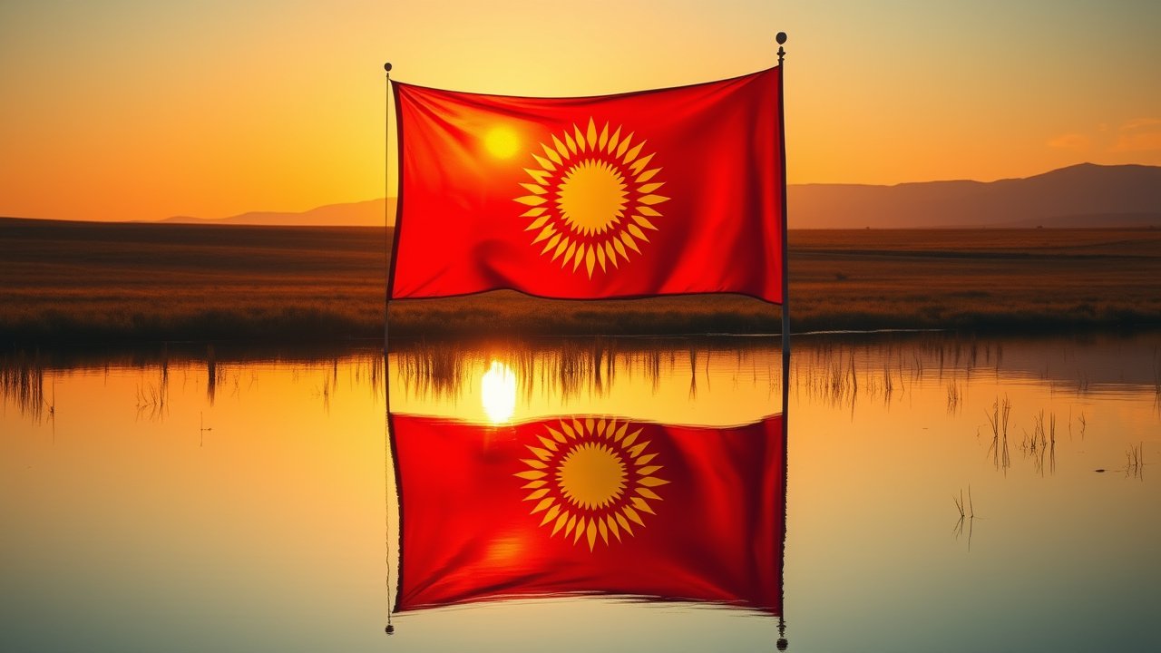 Flag of Kyrgyzstan 🇰🇬 in golden hour reflection style