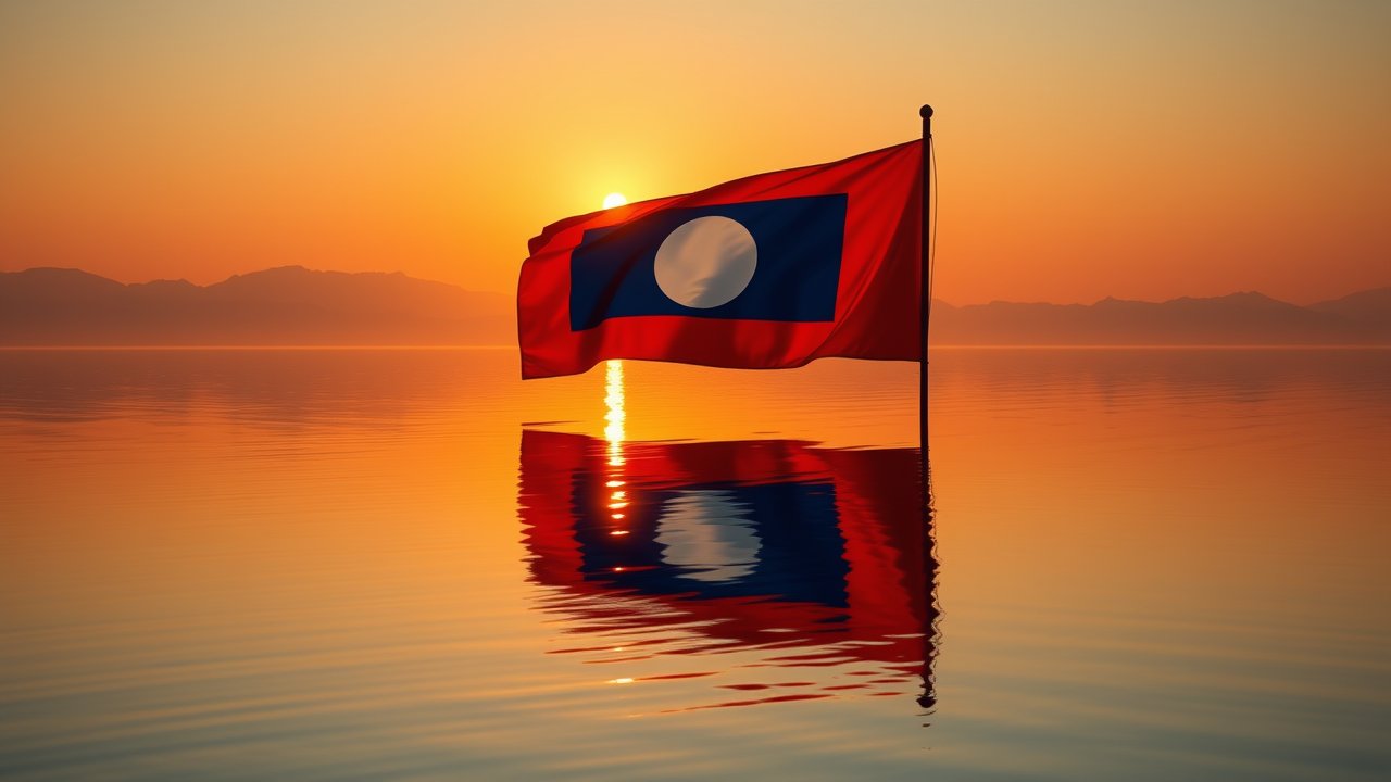 Flag of Laos 🇱🇦 in golden hour reflection style