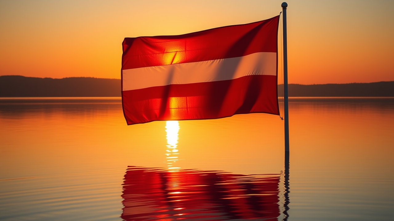 Flag of Latvia 🇱🇻 in golden hour reflection style