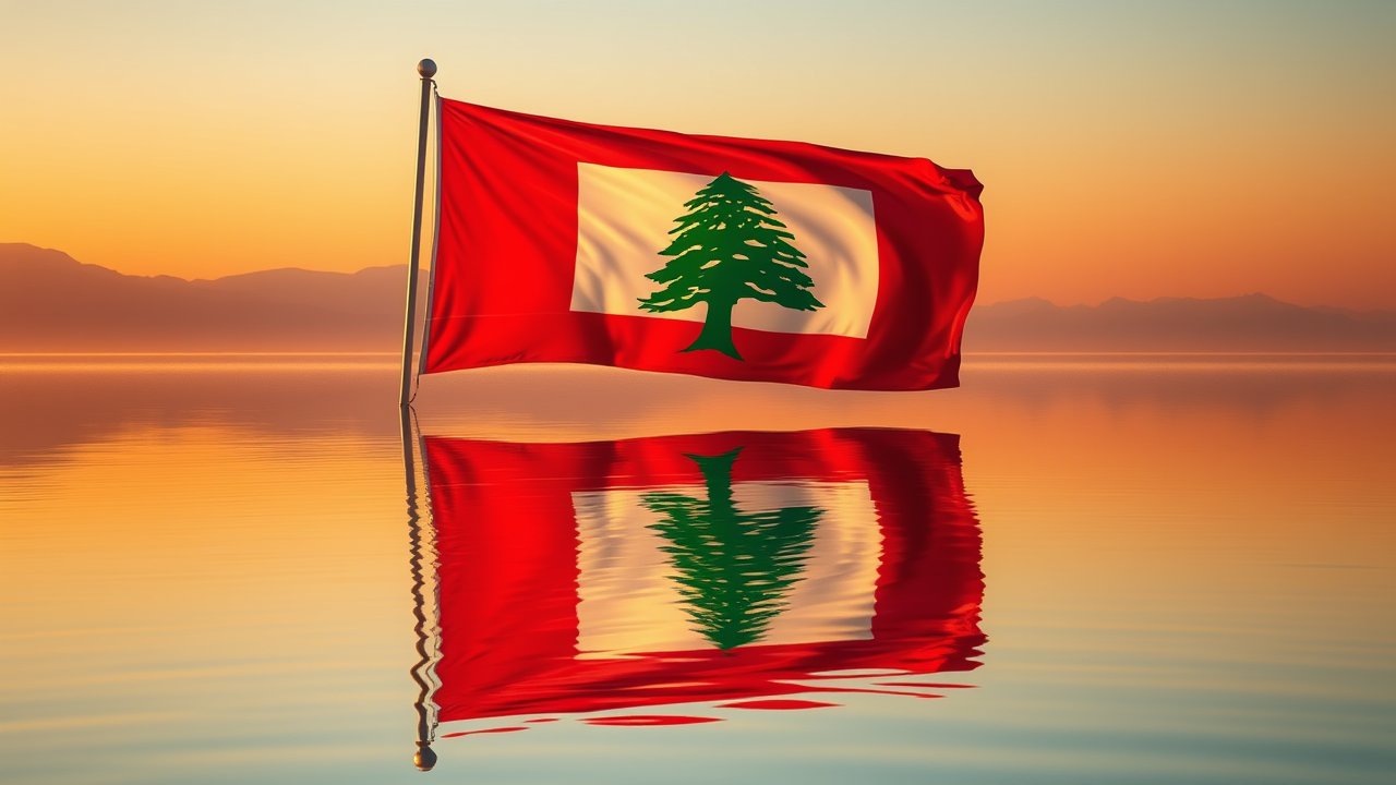 Flag of Lebanon 🇱🇧 in golden hour reflection style