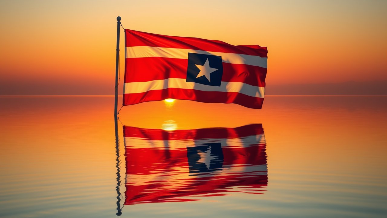 Flag of Liberia 🇱🇷 in golden hour reflection style