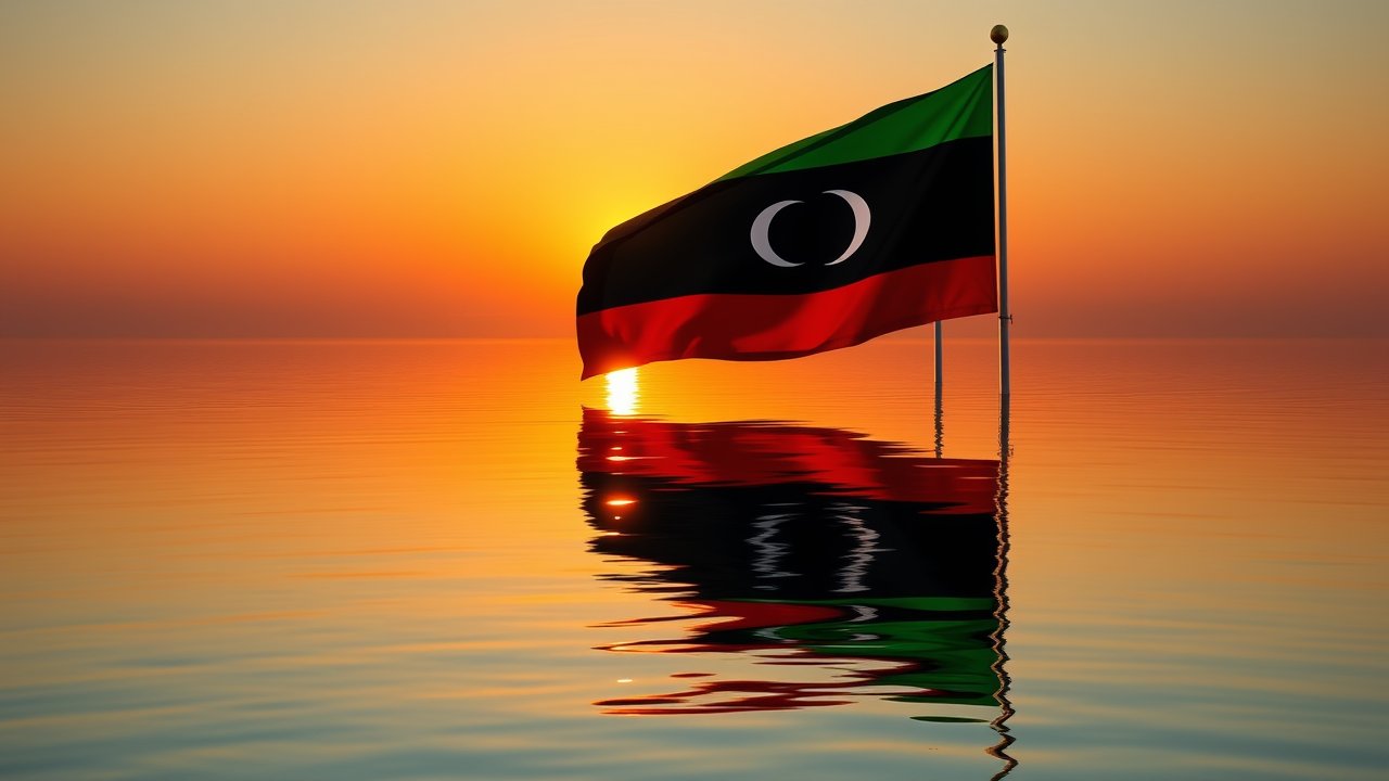 Flag of Libya 🇱🇾 in golden hour reflection style