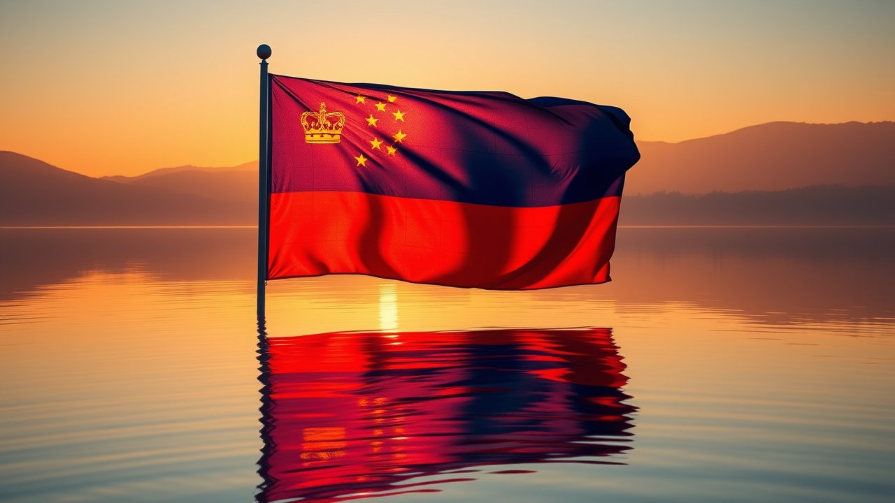 Flag of Liechtenstein 🇱🇮 in golden hour reflection style