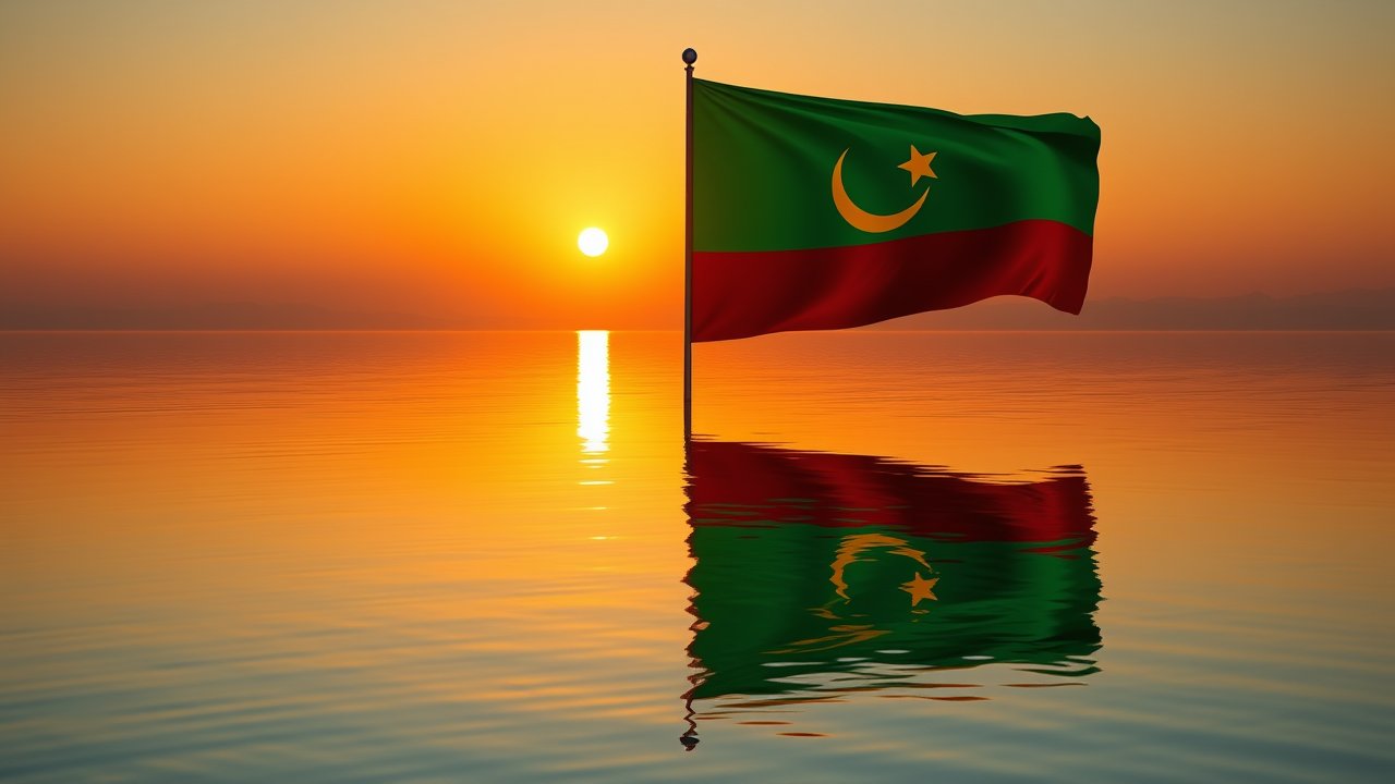 Flag of Mauritania 🇲🇷 in golden hour reflection style