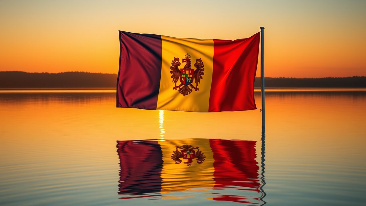 Flag of Moldova 🇲🇩 in golden hour reflection style