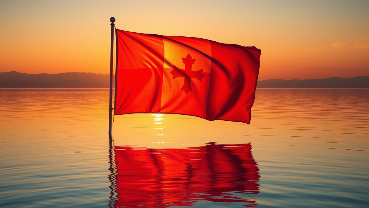 Flag of Monaco 🇲🇨 in golden hour reflection style