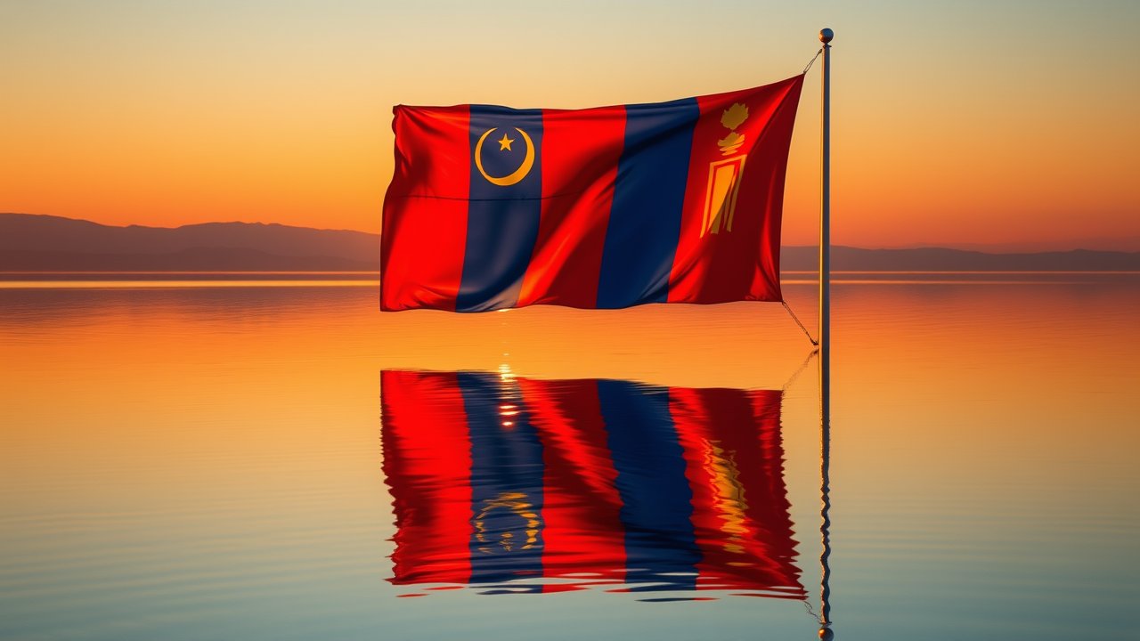 Flag of Mongolia 🇲🇳 in golden hour reflection style