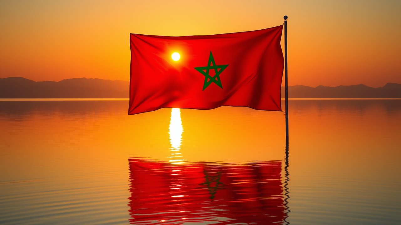 Flag of Morocco 🇲🇦 in golden hour reflection style