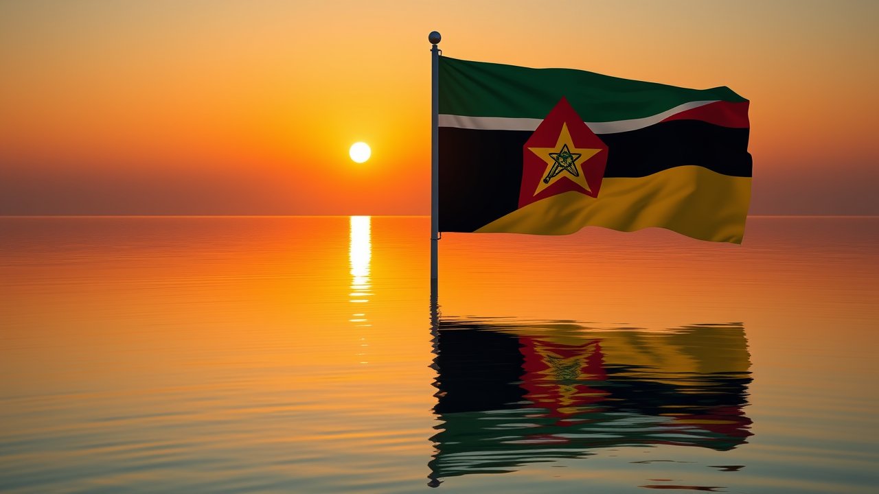 Flag of Mozambique 🇲🇿 in golden hour reflection style