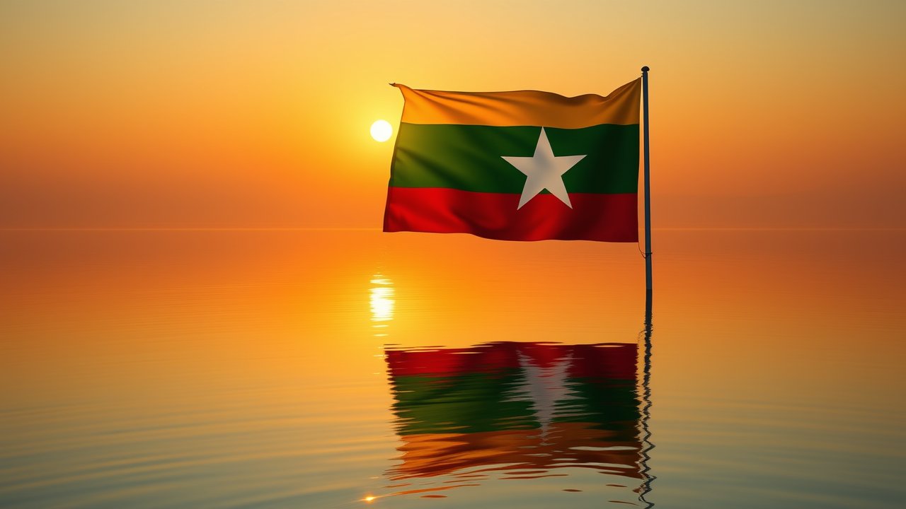 Flag of Myanmar (Burma) 🇲🇲 in golden hour reflection style