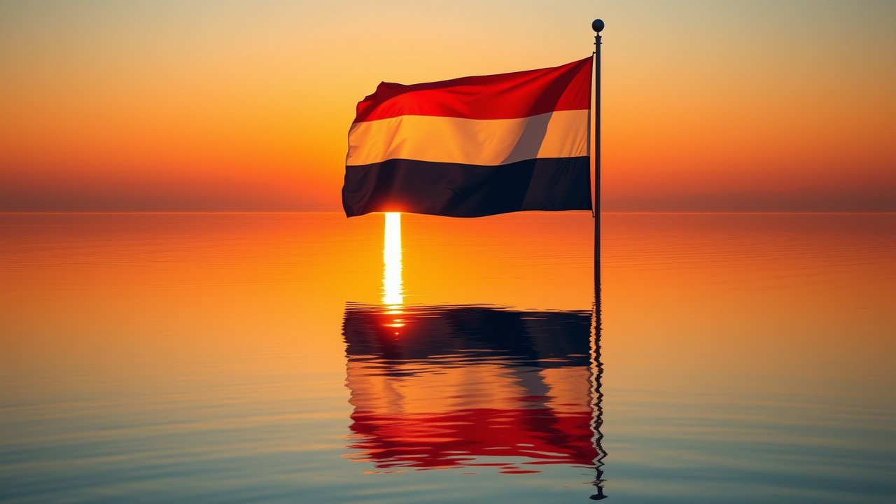 Flag of Netherlands 🇳🇱 in golden hour reflection style