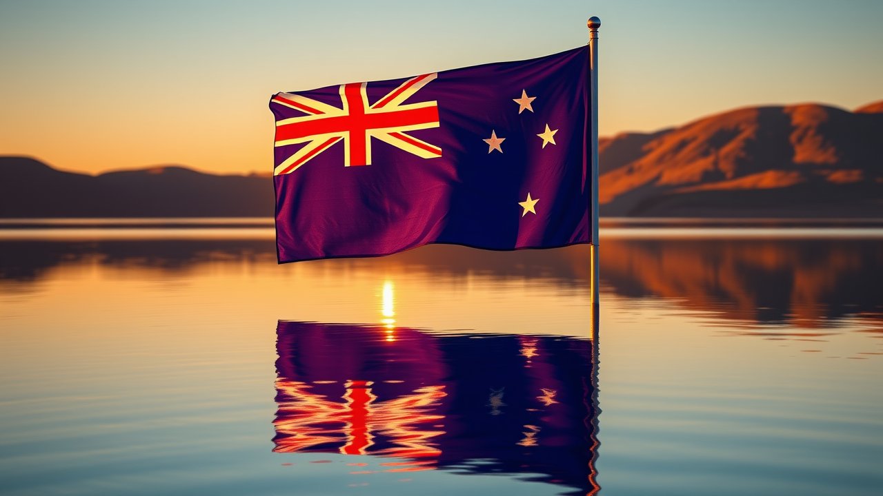 Flag of New Zealand 🇳🇿 in golden hour reflection style