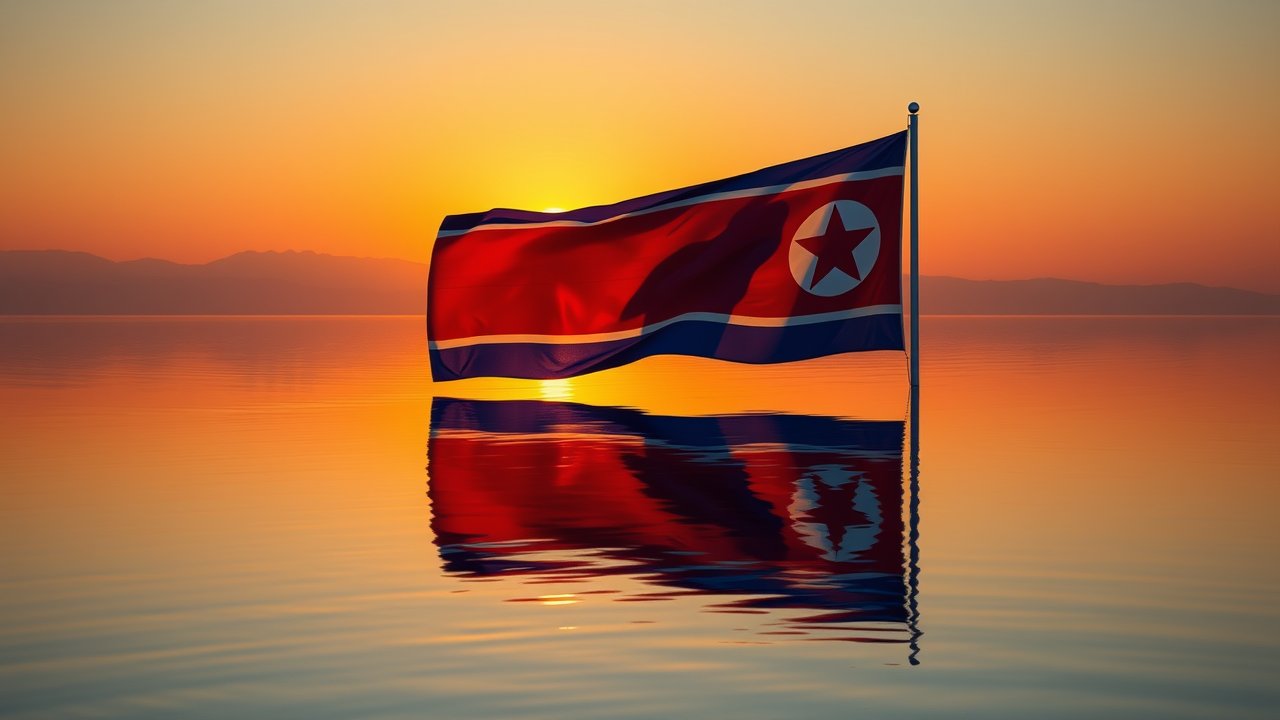 Flag of North Korea 🇰🇵 in golden hour reflection style