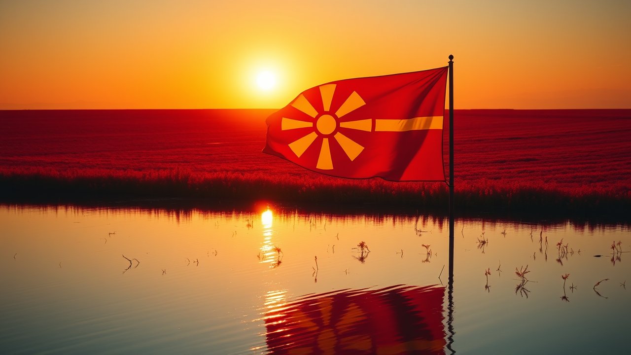 Flag of North Macedonia 🇲🇰 in golden hour reflection style