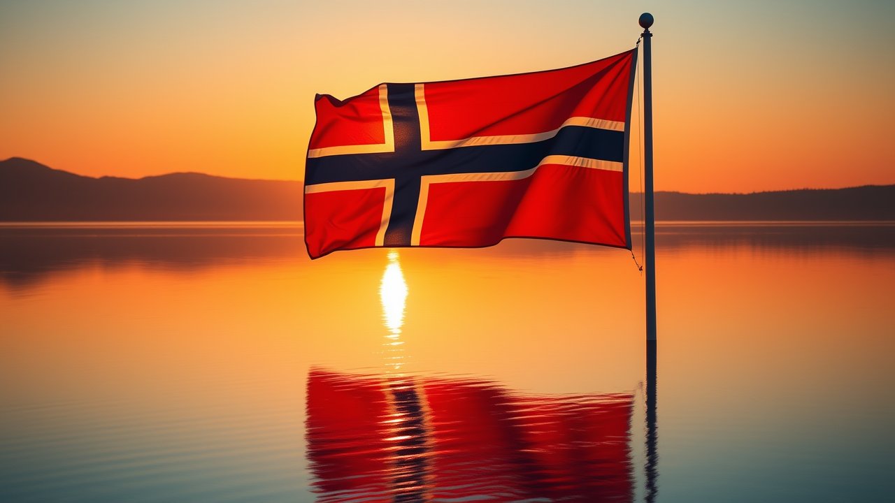Flag of Norway 🇳🇴 in golden hour reflection style