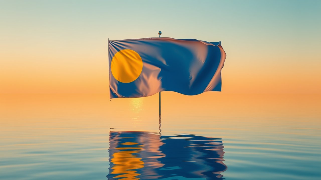 Flag of Palau 🇵🇼 in golden hour reflection style