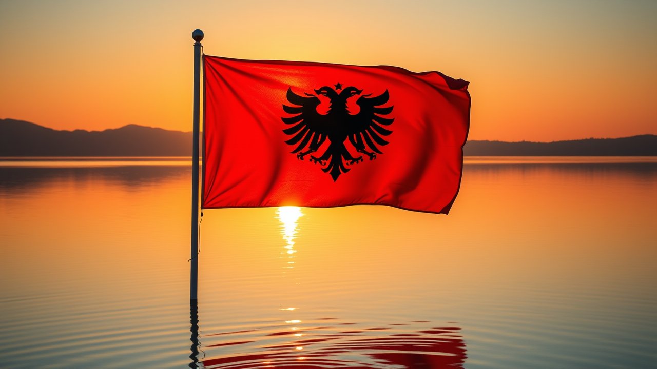 Flag of Albania 🇦🇱 in golden hour reflection style