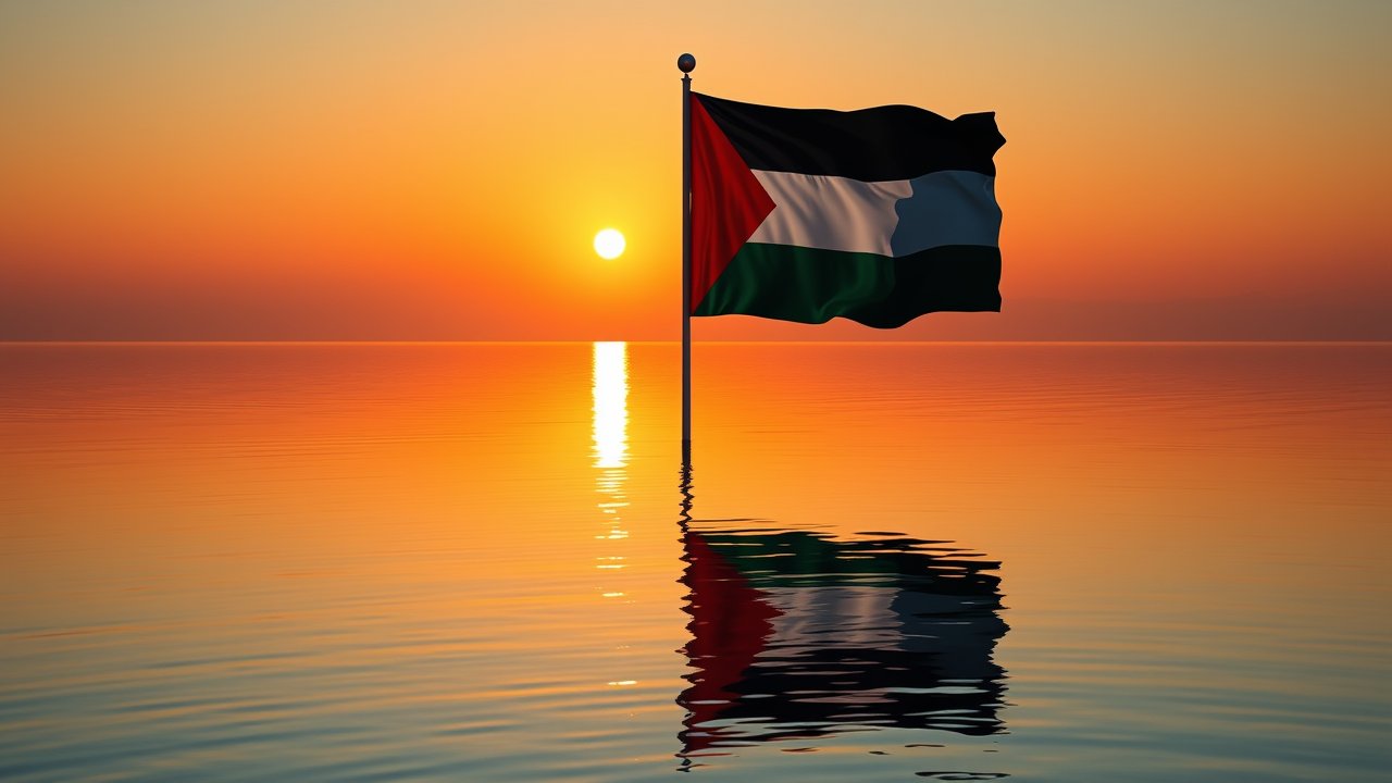 Flag of Palestine State 🇵🇸 in golden hour reflection style