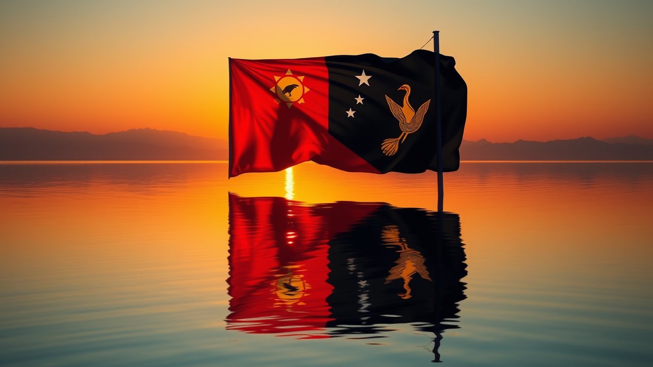 Flag of Papua New Guinea 🇵🇬 in golden hour reflection style