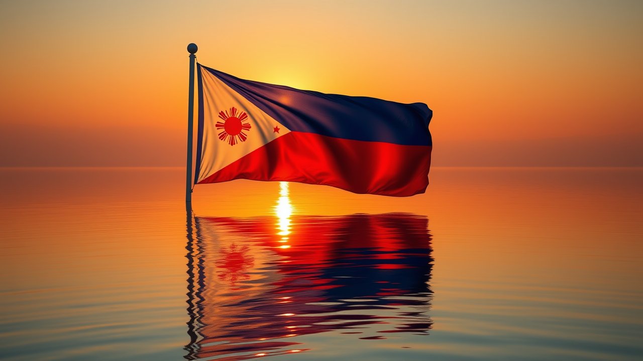 Flag of Philippines 🇵🇭 in golden hour reflection style