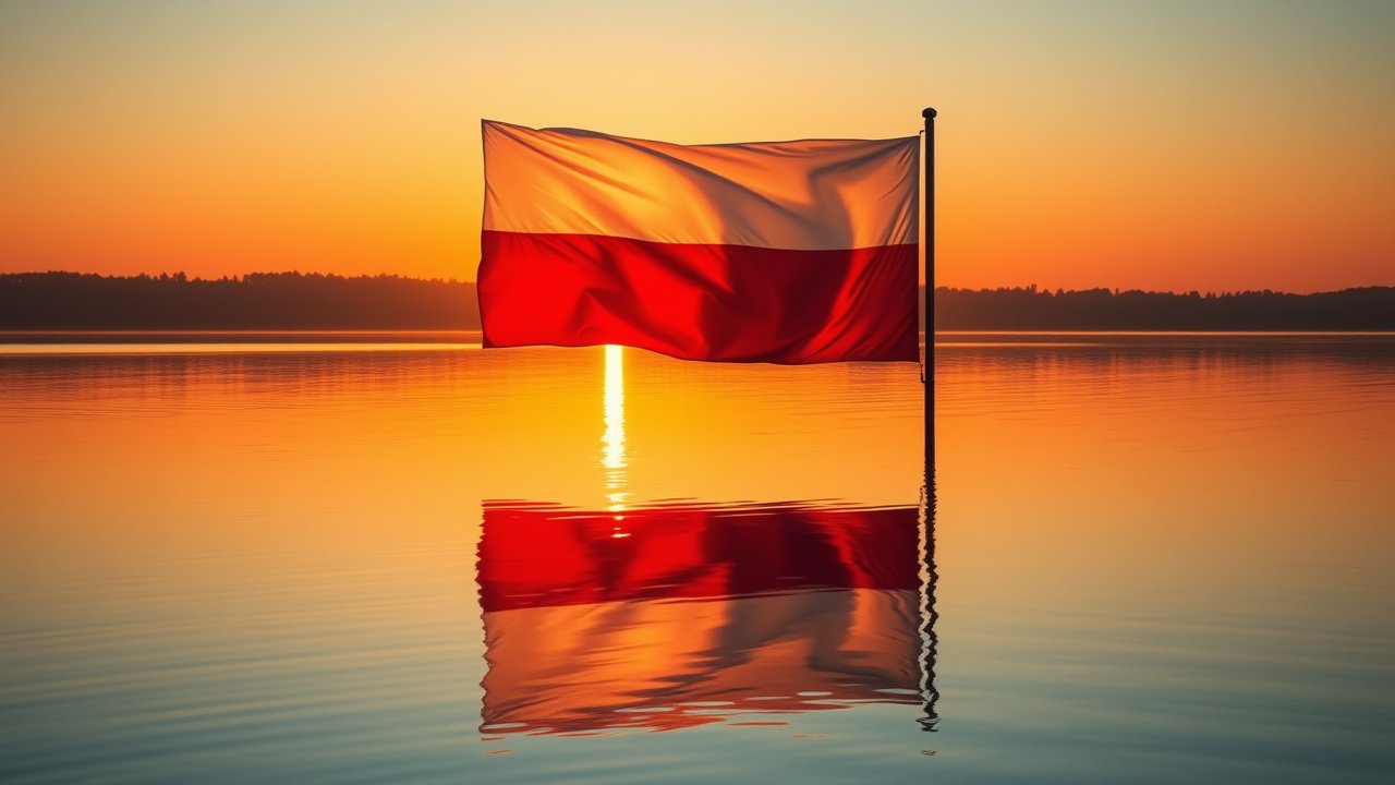 Flag of Poland 🇵🇱 in golden hour reflection style