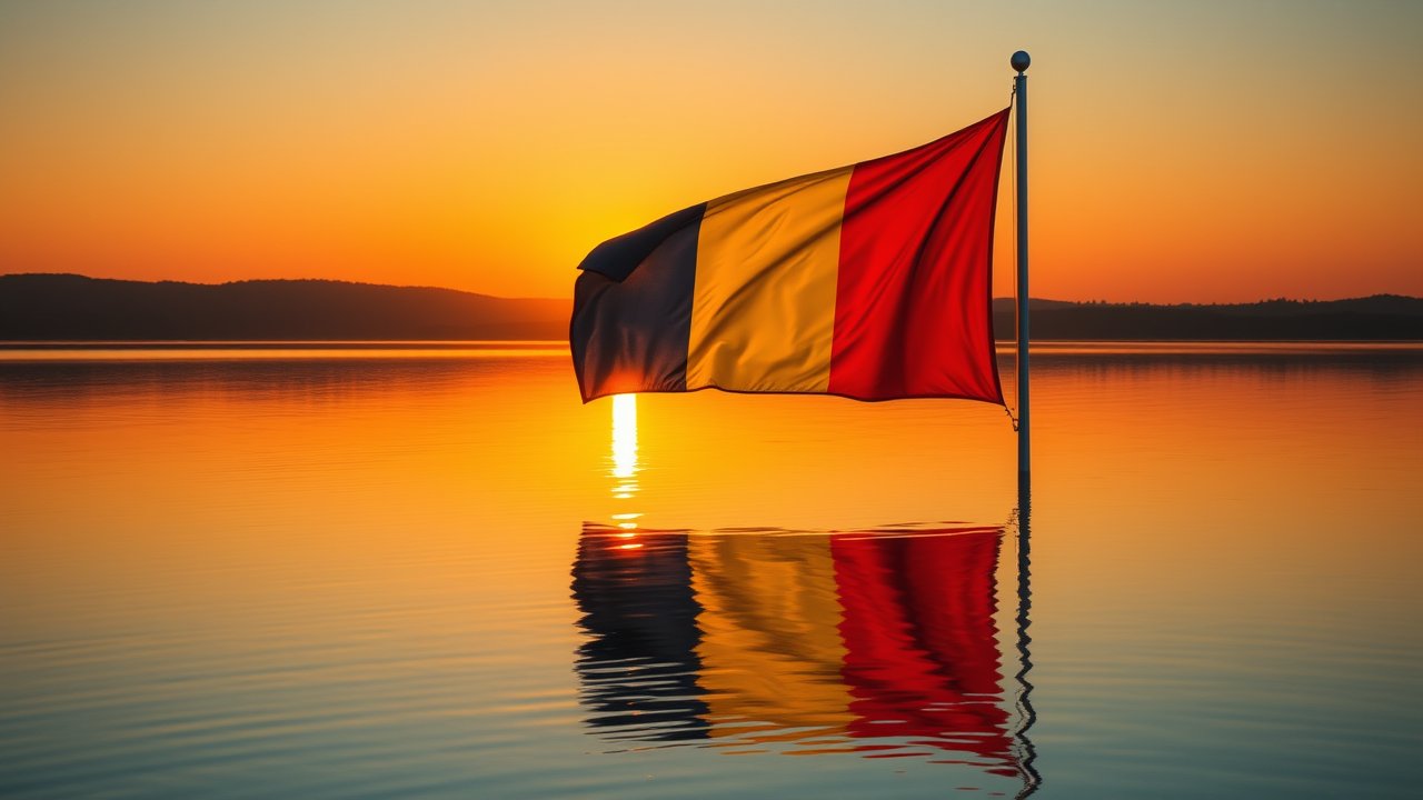 Flag of Romania 🇷🇴 in golden hour reflection style