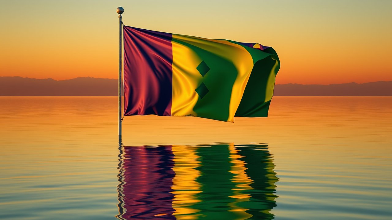 Flag of Saint Vincent and the Grenadines 🇻🇨 in golden hour reflection style