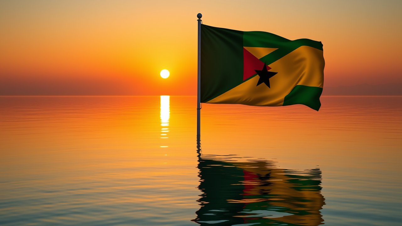 Flag of Sao Tome and Principe 🇸🇹 in golden hour reflection style