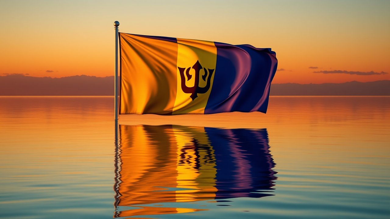 Flag of Barbados 🇧🇧 in golden hour reflection style